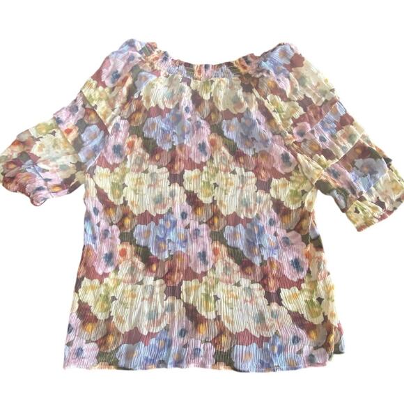 Rails Paris Floral Split Neck Top Small Multicolor Ruffle Sleeve Crinkle Blouse - Picture 6 of 11